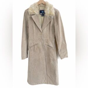 Blue Asphalt Tan Trench Coat with Faux Fur Collar